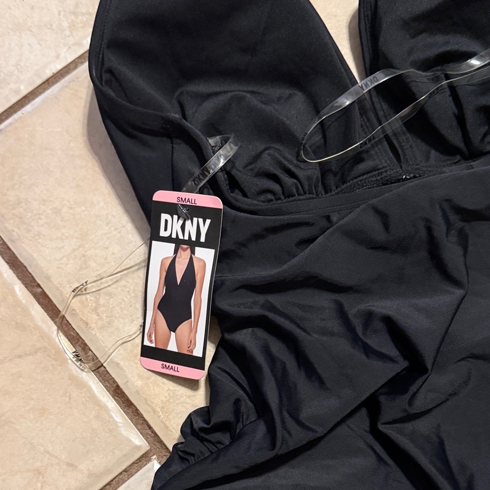 Dkny Black Halter V-Neck One-Piece Swimsuit with Ruching - Picture 3 of 3